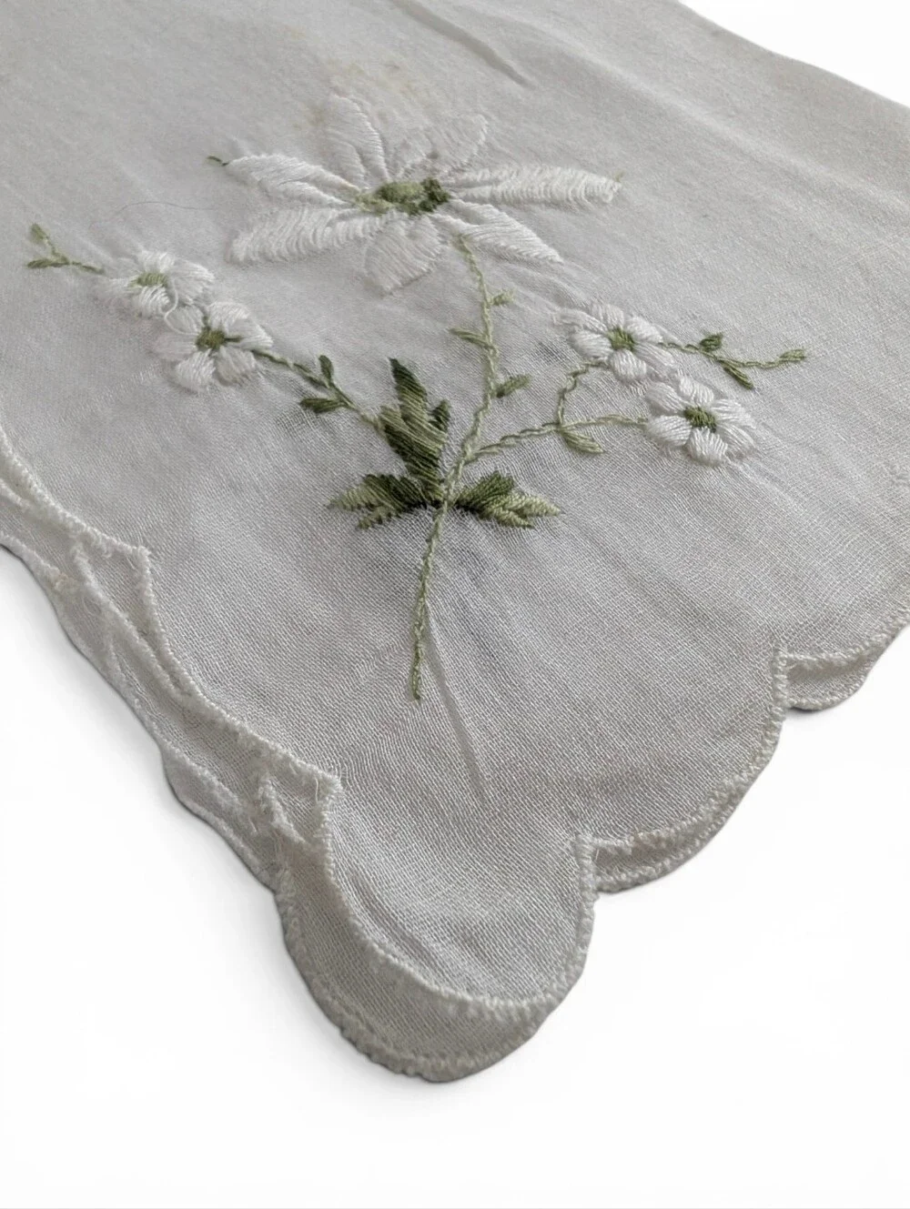 VINTAGE Hankerchief Embroidered White Linen Green Floral Design